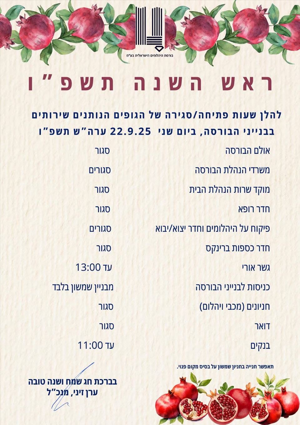 לוח שעות פתיחה/סגירה בערב ראש השנה 22.09.2025