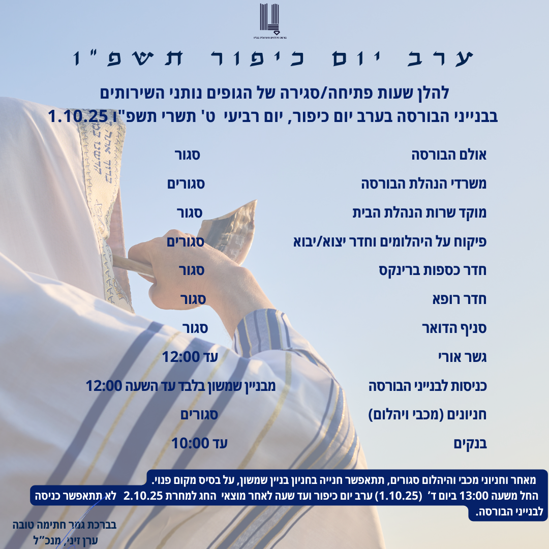 שעות פעילות ערב יום כיפור תשפ"ו 1.10.25