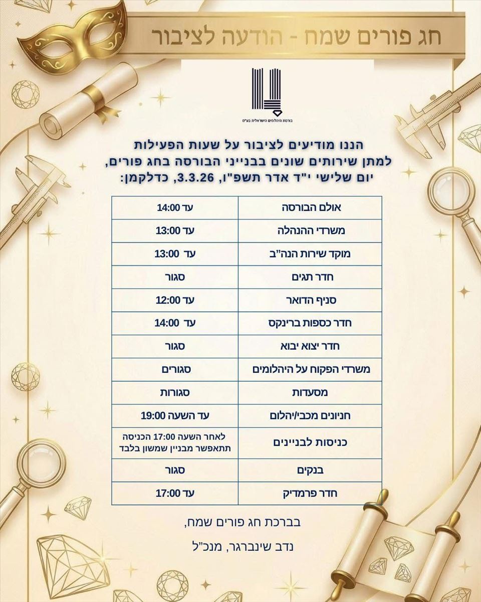 שעות פעילות בחג הפורים ביום שלישי 3.3.26