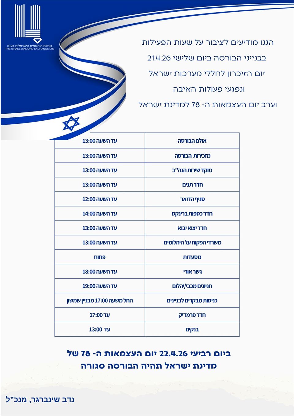 שעות הפעילות בבנייני הבורסה ביום שלישי ה- 21.4.26 יום הזיכרון לחללי מערכות ישראל ונפגעי פעולות האיבה וערב יום העצמאות ה- 78 של מדינת ישראל